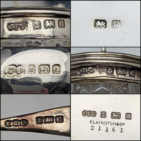 1902年頃 英国アンティーク 純銀&カットグラス 調味料入れセット 366g ELKINGTON & Co